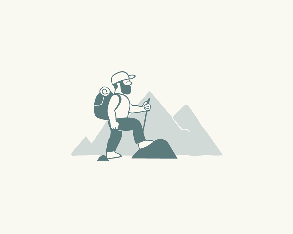 Minimal illustration of a hiker with backpack and mountain. Made for a luxury hotel in Appenzell, Switzerland.