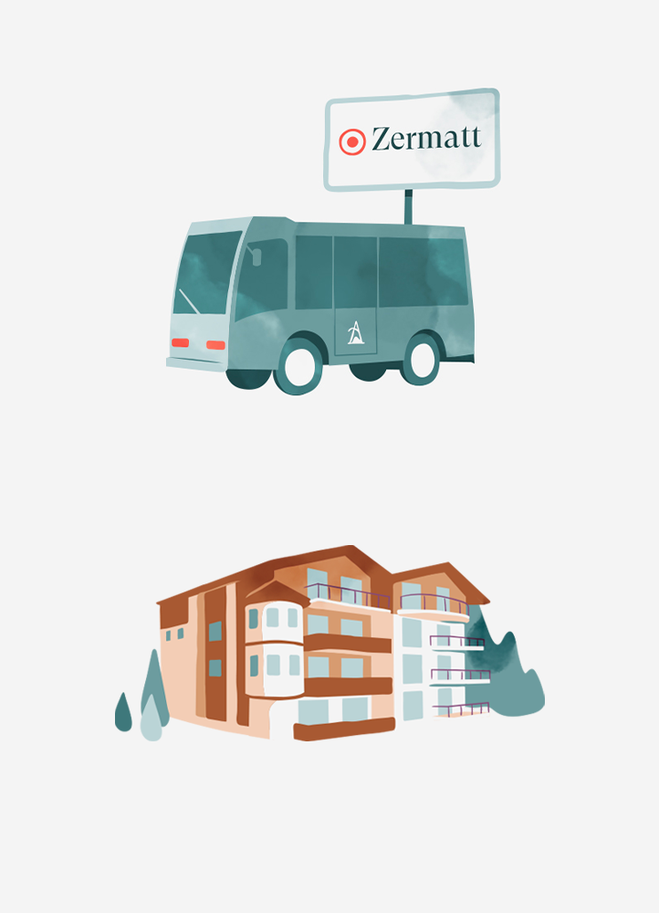 Icons from a illustrated map of a swiss cottage and a touristic bus.
