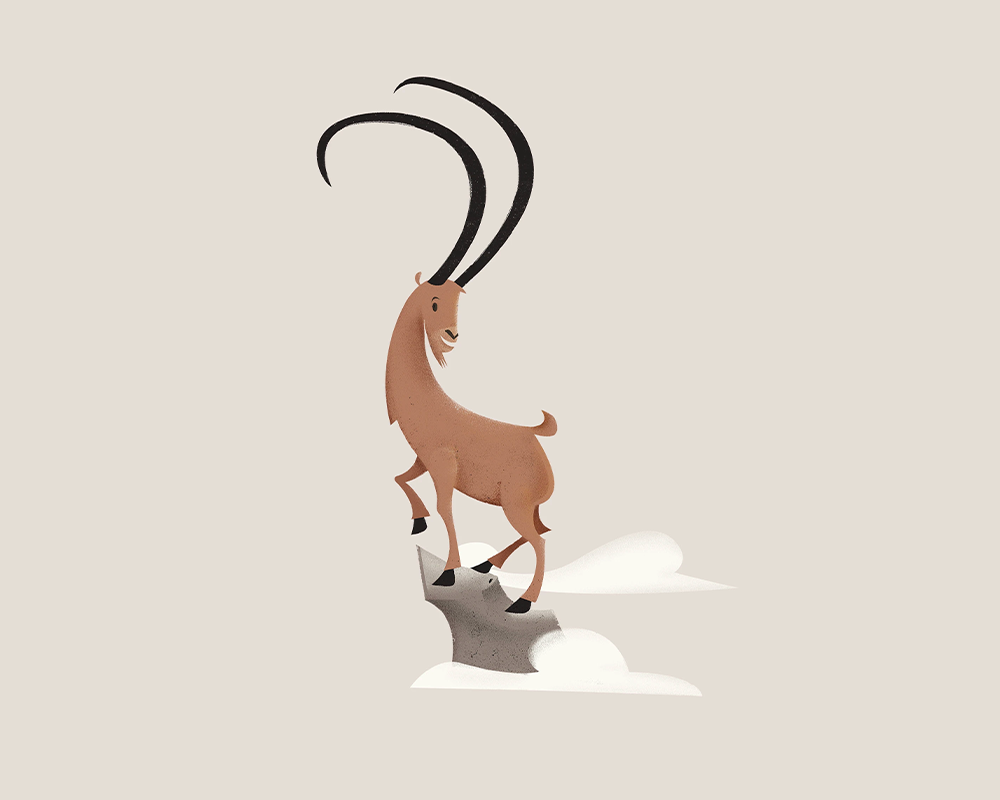A cartoon mountain goat with curved black horns on a snowy cliff, in vintage style, made for hotel mascot.
