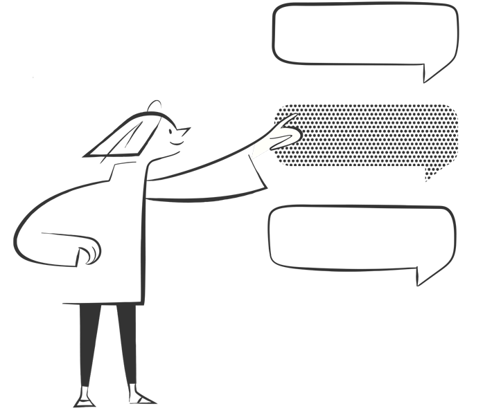 A person with shoulder-length hair, wearing a long-sleeve top, is pointing at three empty speech bubbles stacked vertically, indicating they are speaking or explaining something.