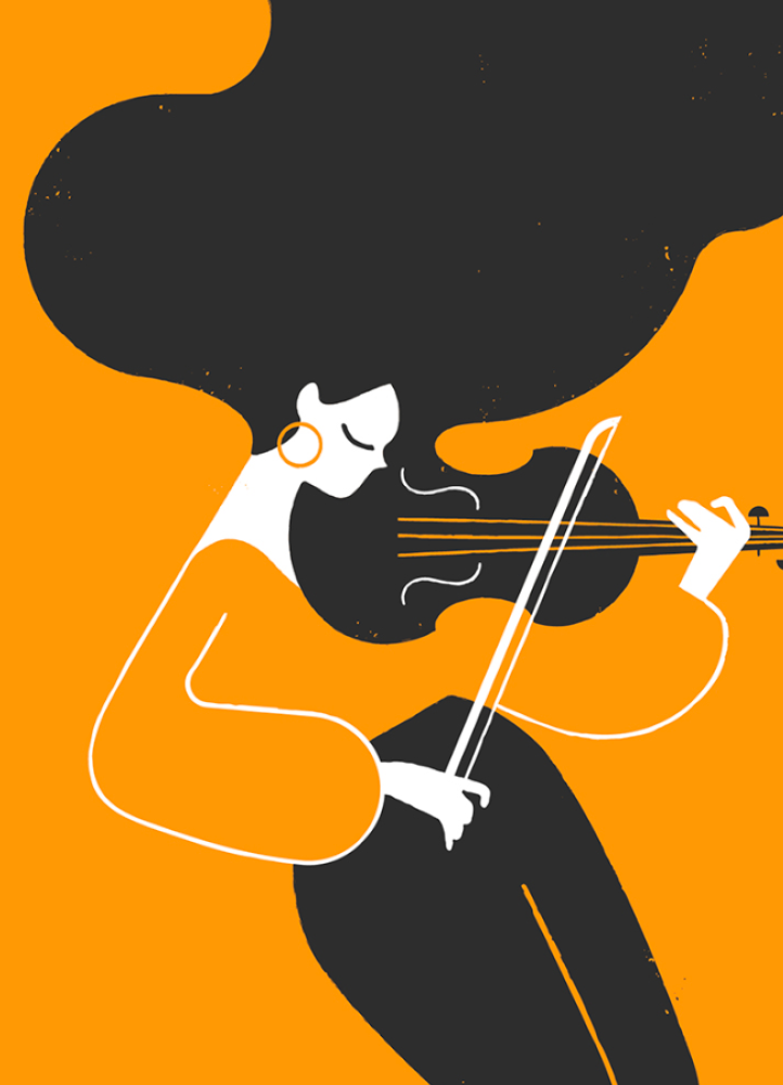 Artistic illustration of a woman with flowing hair playing a violin, in a minimal style, ideal for concert posters.