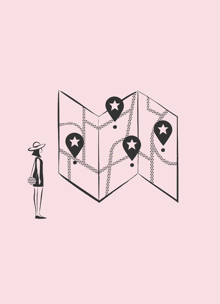 Editorial illustration about tourism, showing a big map with pins.