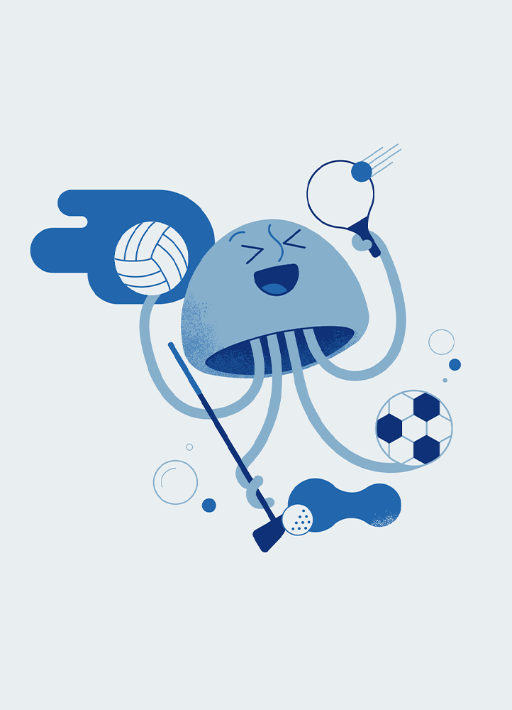 Cartoon jellyfish playing sports, including volleyball, tennis, and soccer, created as a mascot for a family hotel