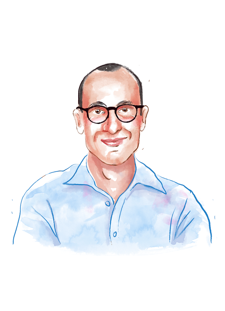 Watercolor illustration of a man with glasses, wearing a light blue shirt, ideal for business and websites.