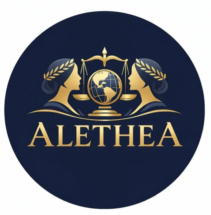 A logo featuring two women facing each other with laurel wreaths in their hair, a scale with a globe in the center, and the word 'ALETHEA' in gold lettering below. The background is dark blue.