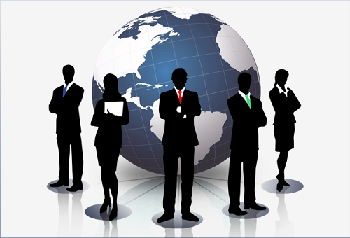 Silhouettes of five business professionals standing with a globe in the background.