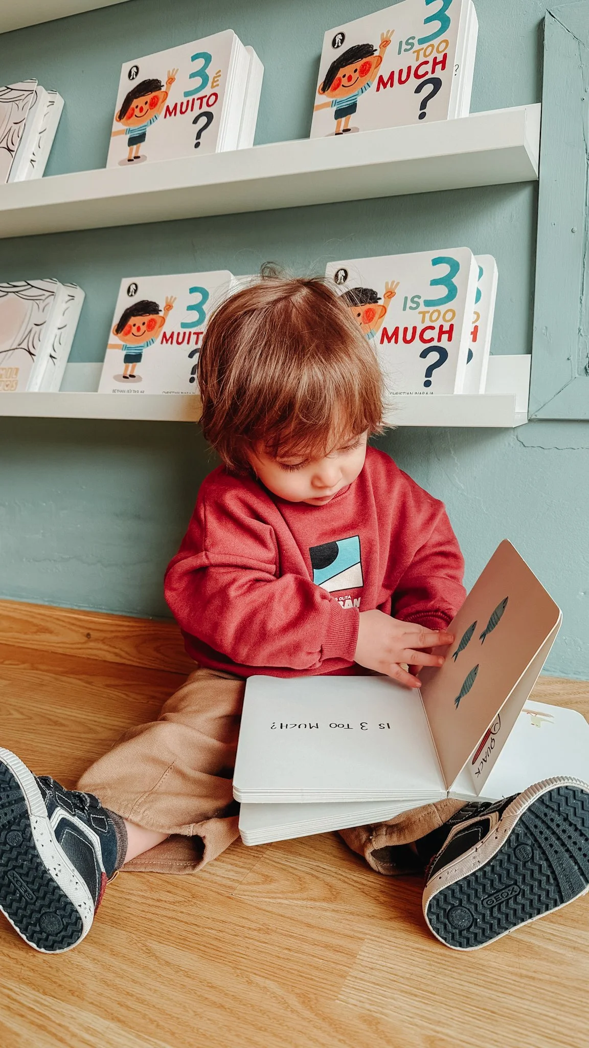 Criança lendo um livro com ilustrações de peixes, sentada no chão de madeira, com uma parede de cor verde ao fundo e prateleiras com livros infantis.
