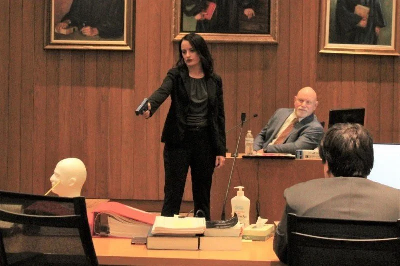 Mary Saldarelli conducting cross examination of a doctor during a murder trial.