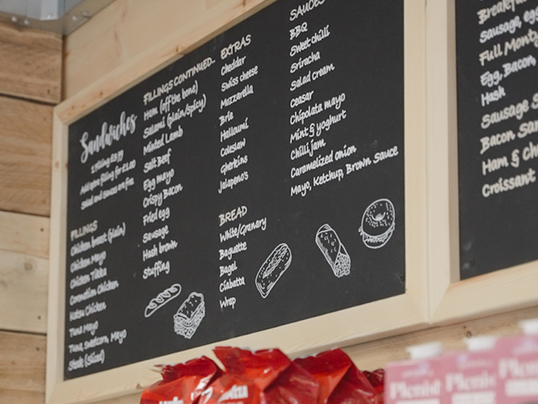 Blackboard menu with white handwritten text listing sandwiches, extras, bread options, and sauces with small white doodles of a sandwich, burger, and hot dog at the bottom.