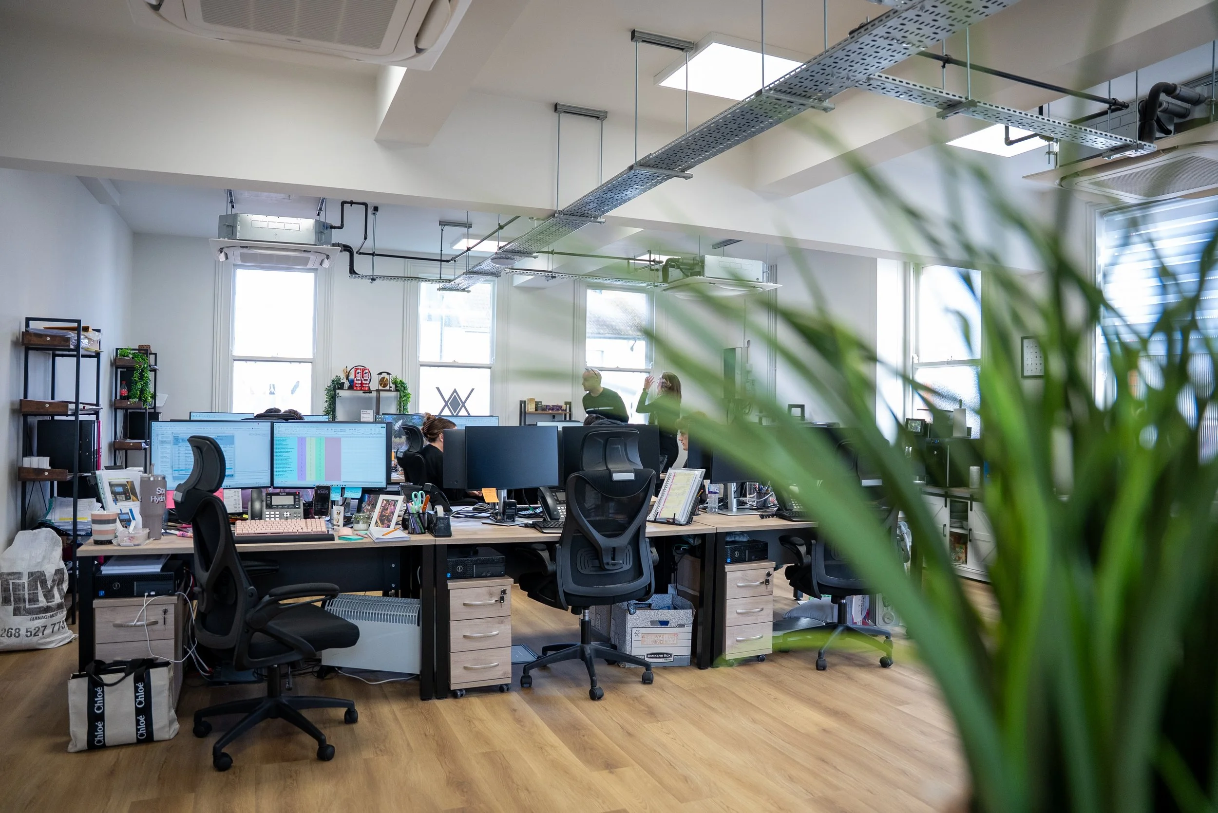 An open-plan office with workstations, multiple monitors, chairs, and a few employees working or talking. A green plant is partially visible in the foreground, and there are windows with bright natural light.