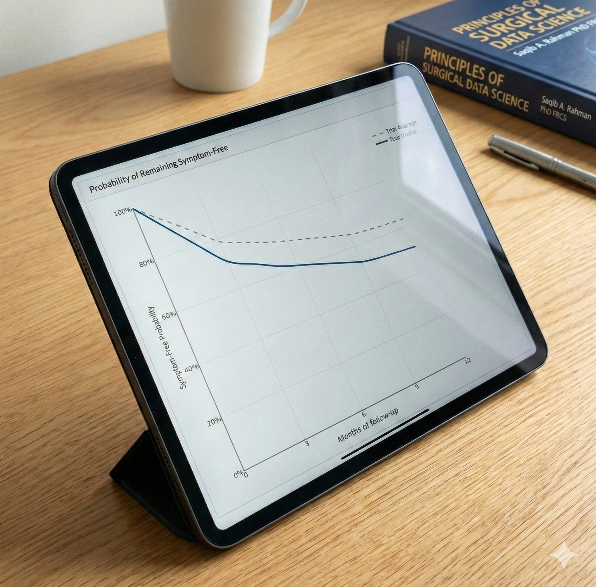 Tablet displaying a graph titled 'Probability of Remaining Symptom-Free' with lines showing symptom-free probability over months of follow-up; a book titled 'Principles of Surgical Data Science' is on the table next to the tablet, with a pen and a coffee mug in the background.