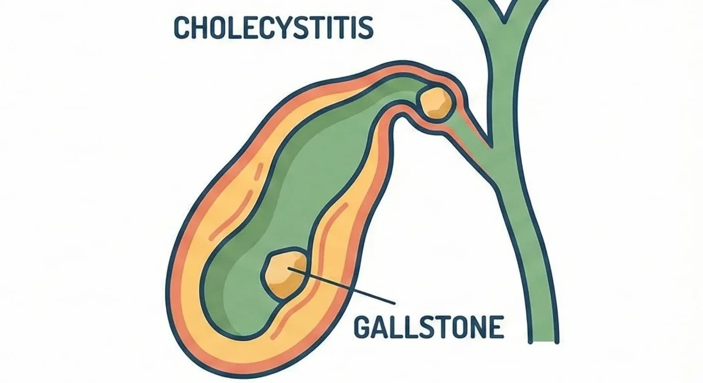 Diagram showing a gallstone inside the gallbladder, with the label 'Gallstone' pointing to the stone.