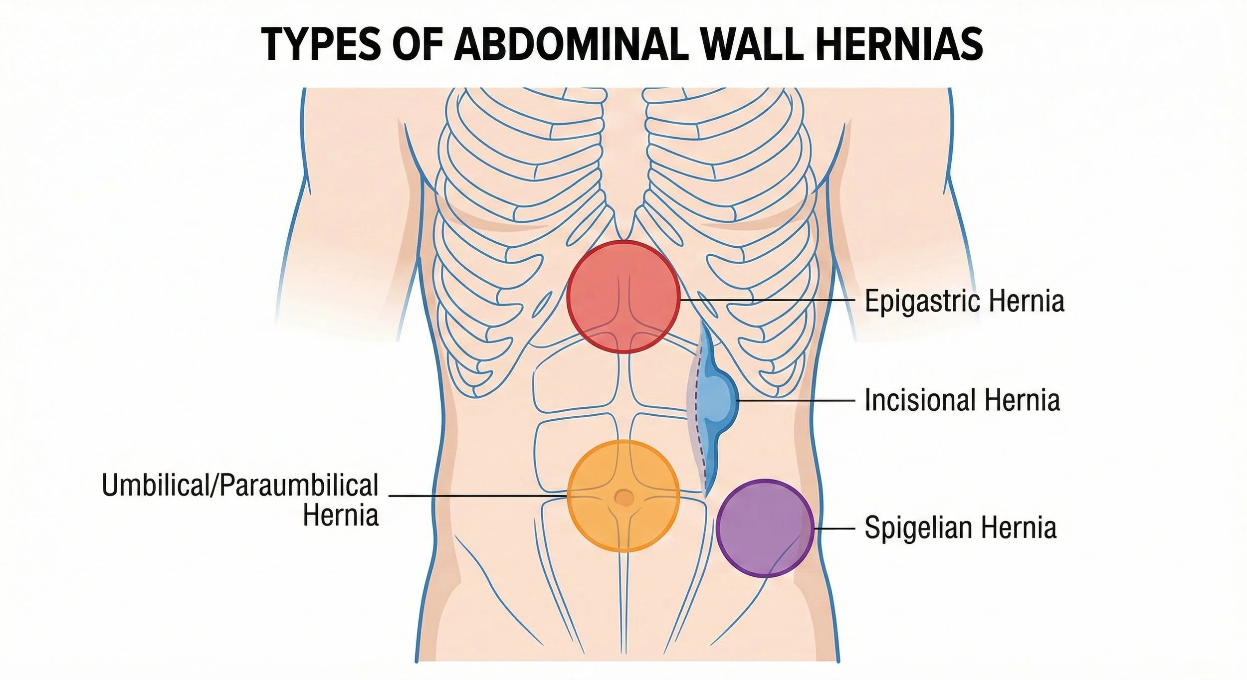 Diagram illustrating different types of abdominal wall hernias, including epigastric hernia, incisional hernia, umbilical or paraumbilical hernia, and Spigelian hernia, with colored circles marking each type's location.
