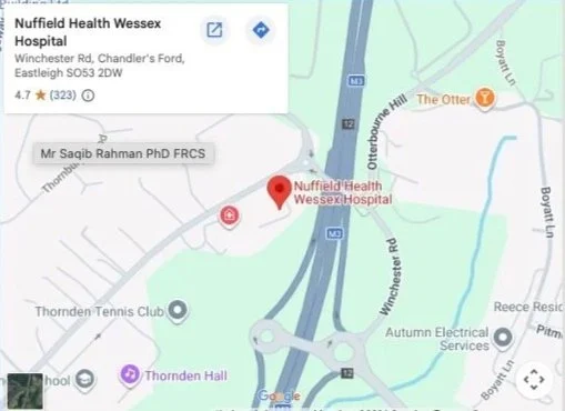 Map showing Nuffield Health Wexsex Hospital on Winchester Road near the M3 motorway, alongside nearby locations such as Thornden Tennis Club, Thornden Hall, and Saqib Rahman, consultant Surgeon