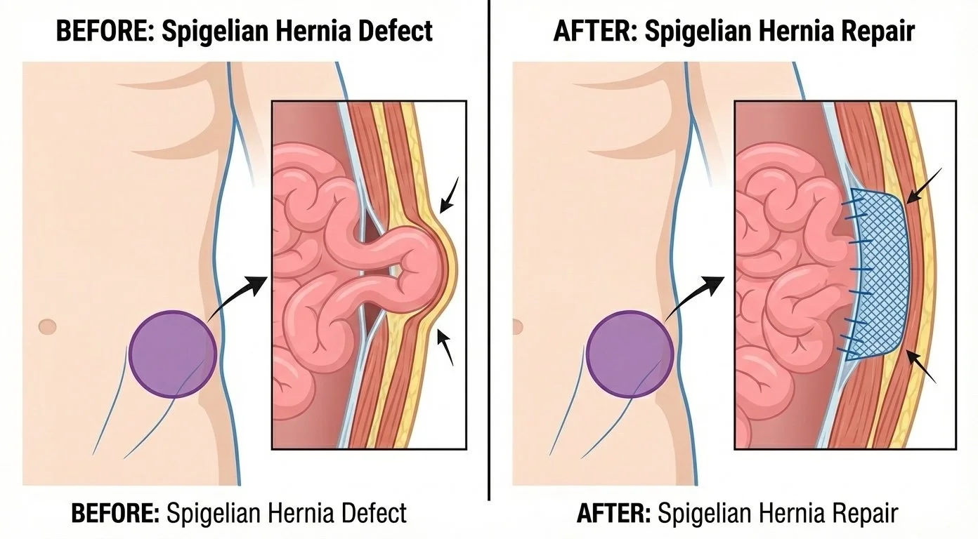 The image shows a medical illustration of a Spigelian Hernia before and after surgical repair. The left side depicts a hernia protruding through abdominal muscles, while the right side shows the same area after repair with mesh support, closing the hernia gap.