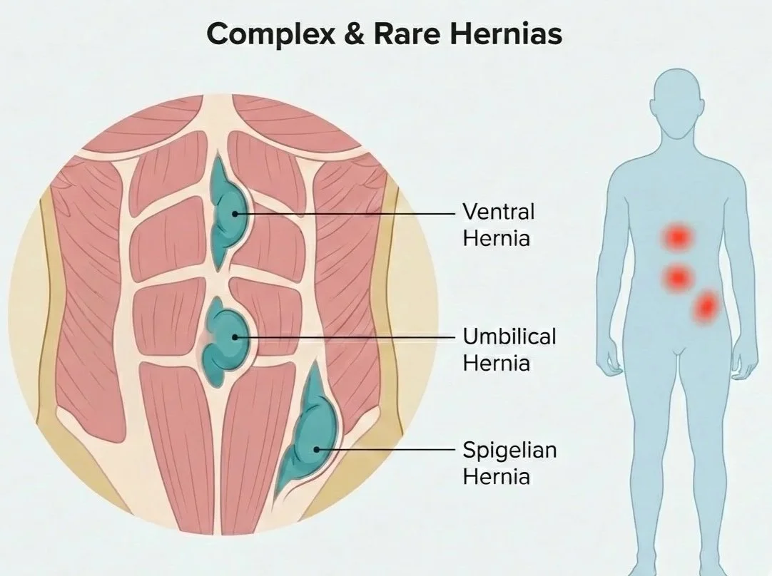 Diagram showing three types of complex and rare hernias: ventral hernia, umbilical hernia, and spigelian hernia. A human silhouette indicates affected areas in the abdomen.