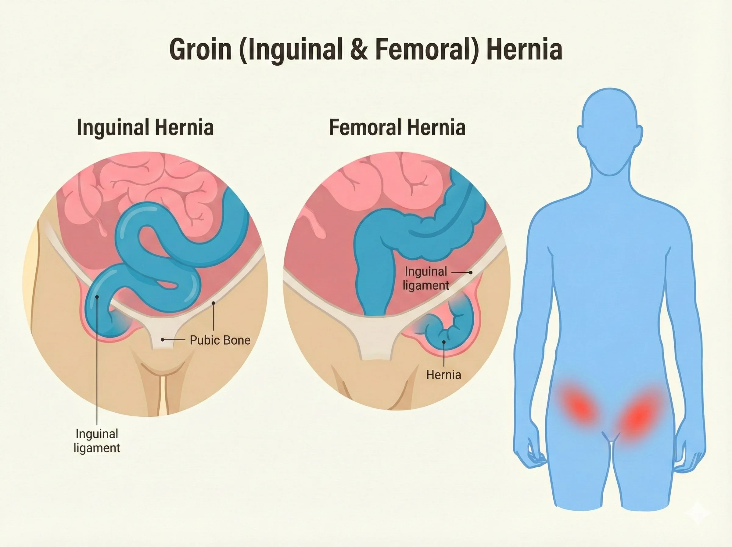Diagram of inguinal and femoral hernias showing locations; the inguinal hernia protrudes near the pubic bone through the inguinal ligament, and the femoral hernia protrudes below the inguinal ligament. A silhouette of a human figure highlighting the groin area with red patches indicating hernia sites.