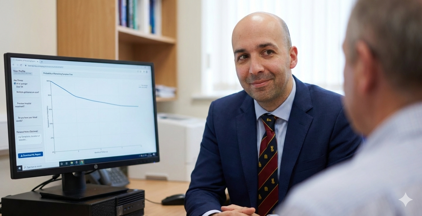 Two men having a discussion in an office, one of them looking at the camera, with a computer monitor displaying a graph.