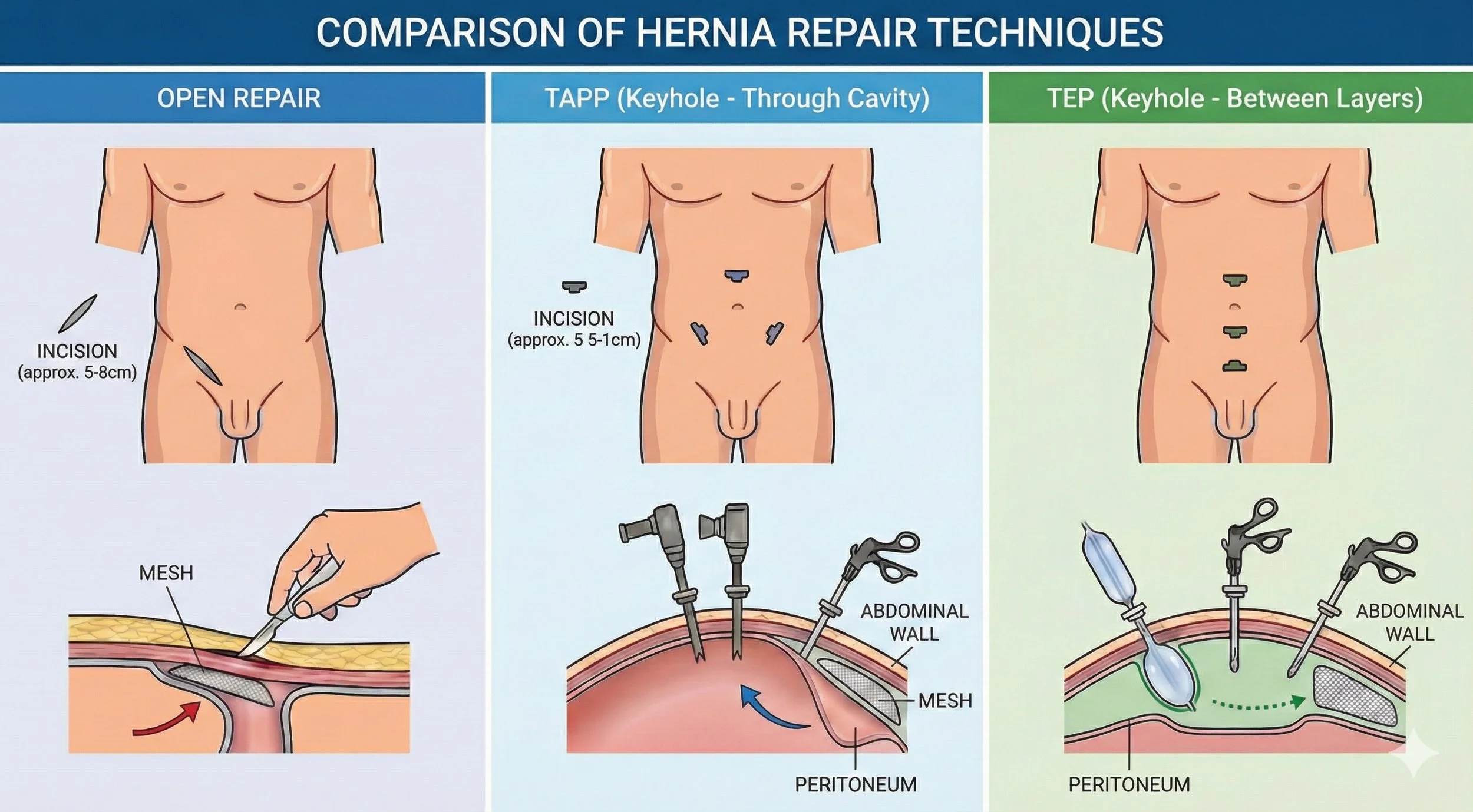 Comparison chart of hernia repair techniques: open repair, TAPP (keyhole through cavity), and TEP (keyhole between layers). Each section includes illustrations of the procedure, such as incisions, use of mesh, and instruments, with labels indicating incision size, location, and surgical steps.