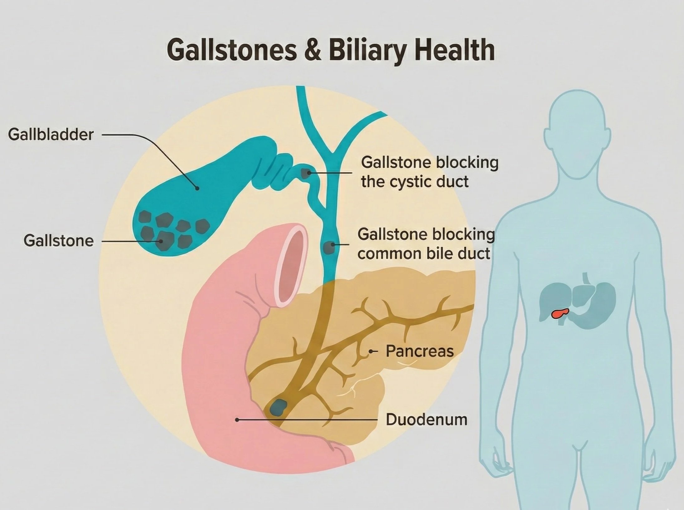 Diagram illustrating gallstones and biliary health, showing gallbladder, gallstones, pancreas, duodenum, and blockages in the cystic and common bile ducts.