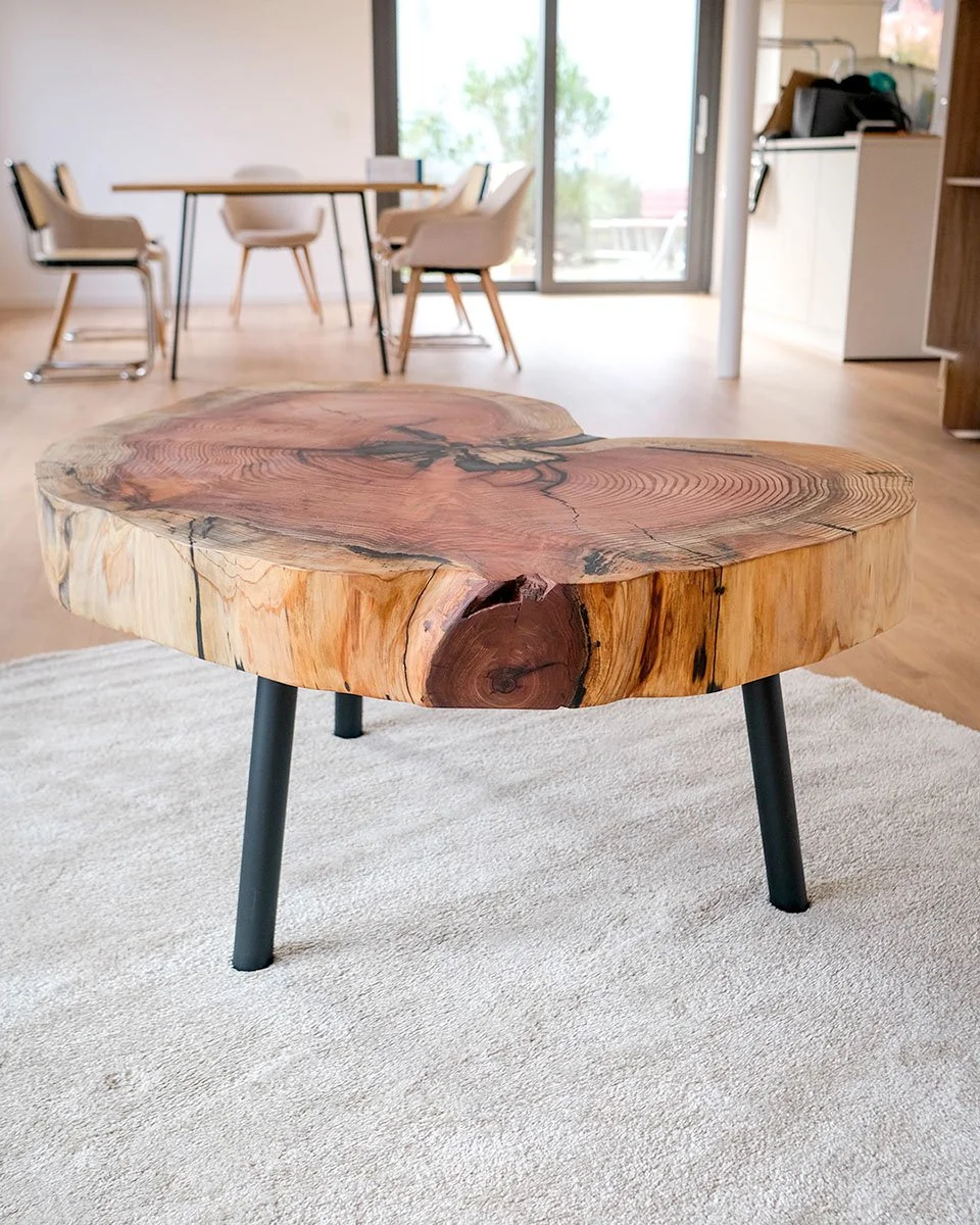 Couchtisch aus einer massiven Mammutbaum-Scheibe, im Kundenauftrag veredelt.