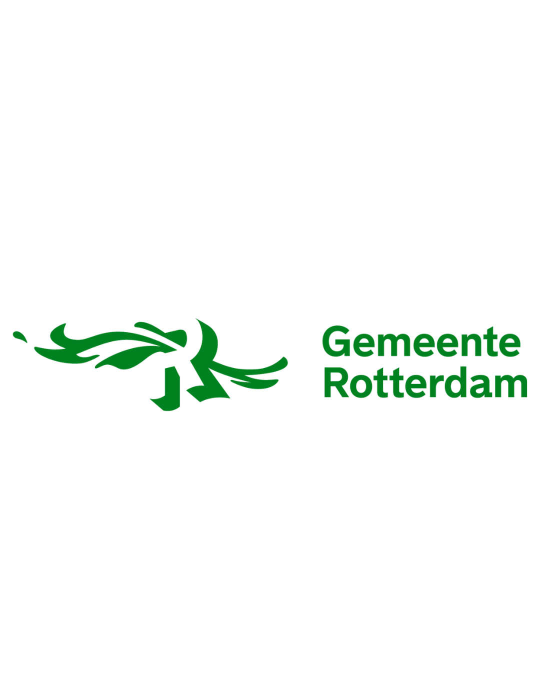 Logo van de gemeente Rotterdam met een groene abstracte figuur en de tekst 'Gemeente Rotterdam' in groen.