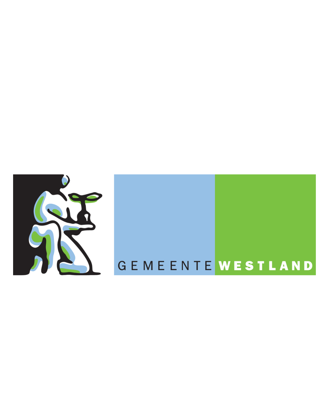 Logo van de gemeente Westland met de tekst 'GEMEENTE WESTLAND' en een abstracte illustratie van een persoon met een vogel, in groen, blauw, zwart en wit.