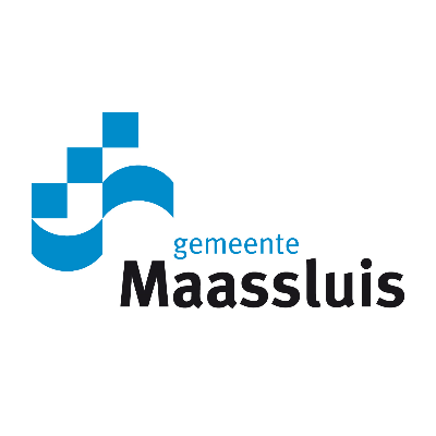 Logo van de gemeente Maassluis met blauwe en zwarte grafische elementen en de tekst 'gemeente Maassluis'.