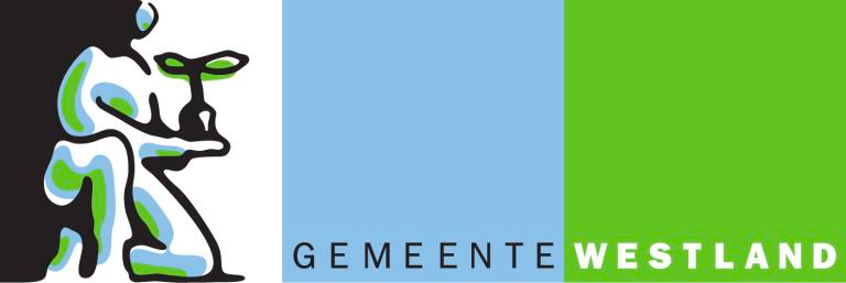 Logo van Gemeente Westland met een witte achtergrond, een groen gedeelte en een blauw gedeelte, en een grafisch symbool van een persoon met een schop.