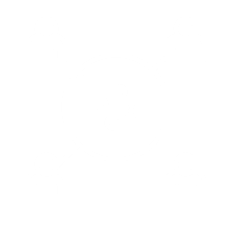 Icon of four connected human figures surrounding a central puzzle piece, representing teamwork and collaboration.