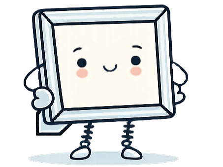 Cute cartoon character resembling a smiling framed picture with arms, legs, and a happy face.
