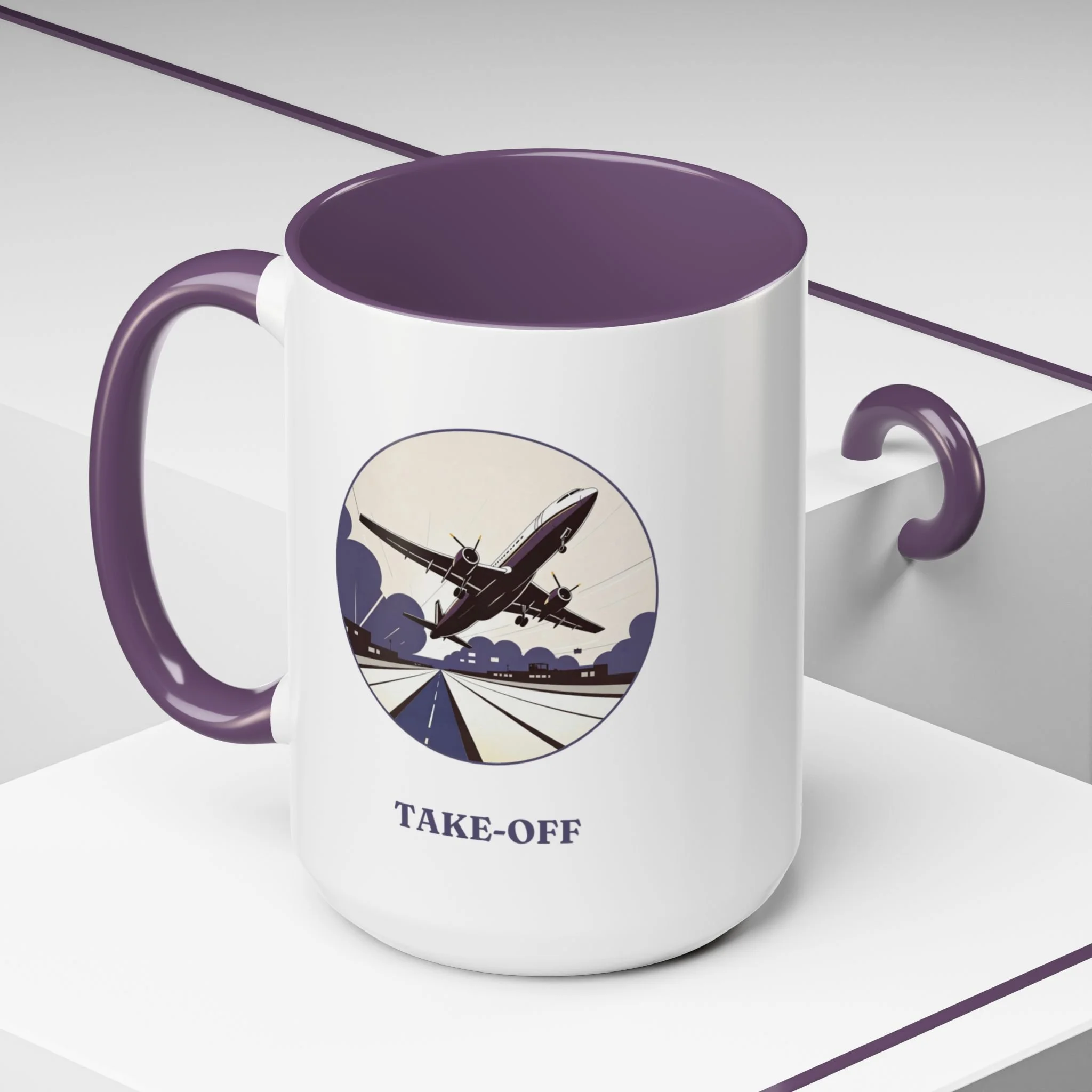 White mug with purple interior and handle, featuring an airplane taking off over a runway with words 'Take-off'.