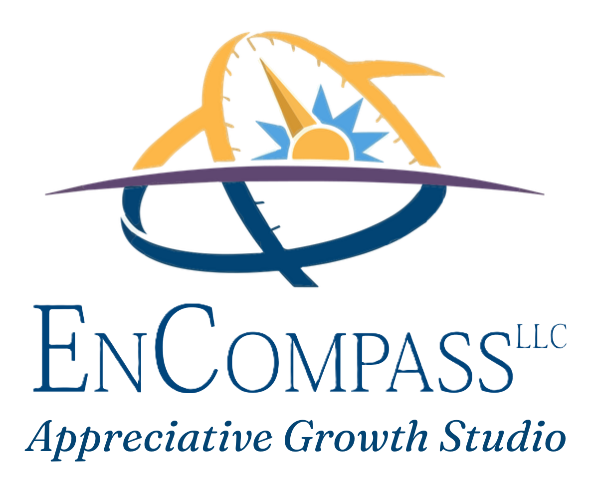 Logo for EnCompass Appreciative Growth Studio, featuring a stylized compass with a sun and arc in the background.