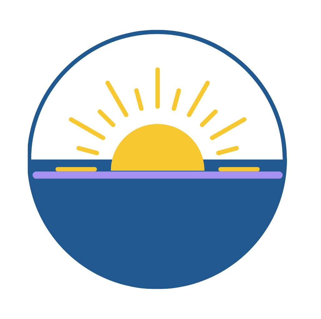 Digital illustration of a sunset over water with a blue circular border.