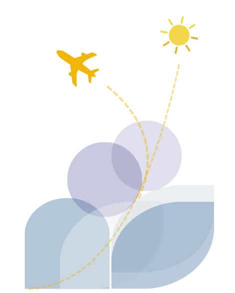Abstract illustration of a yellow sun, blue and lavender geometric shapes, and a dotted yellow line with a yellow plane.