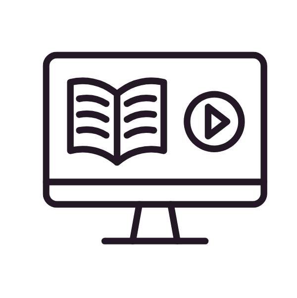 An icon of a computer monitor displaying an open book and a play button, representing online learning or digital media educational content.