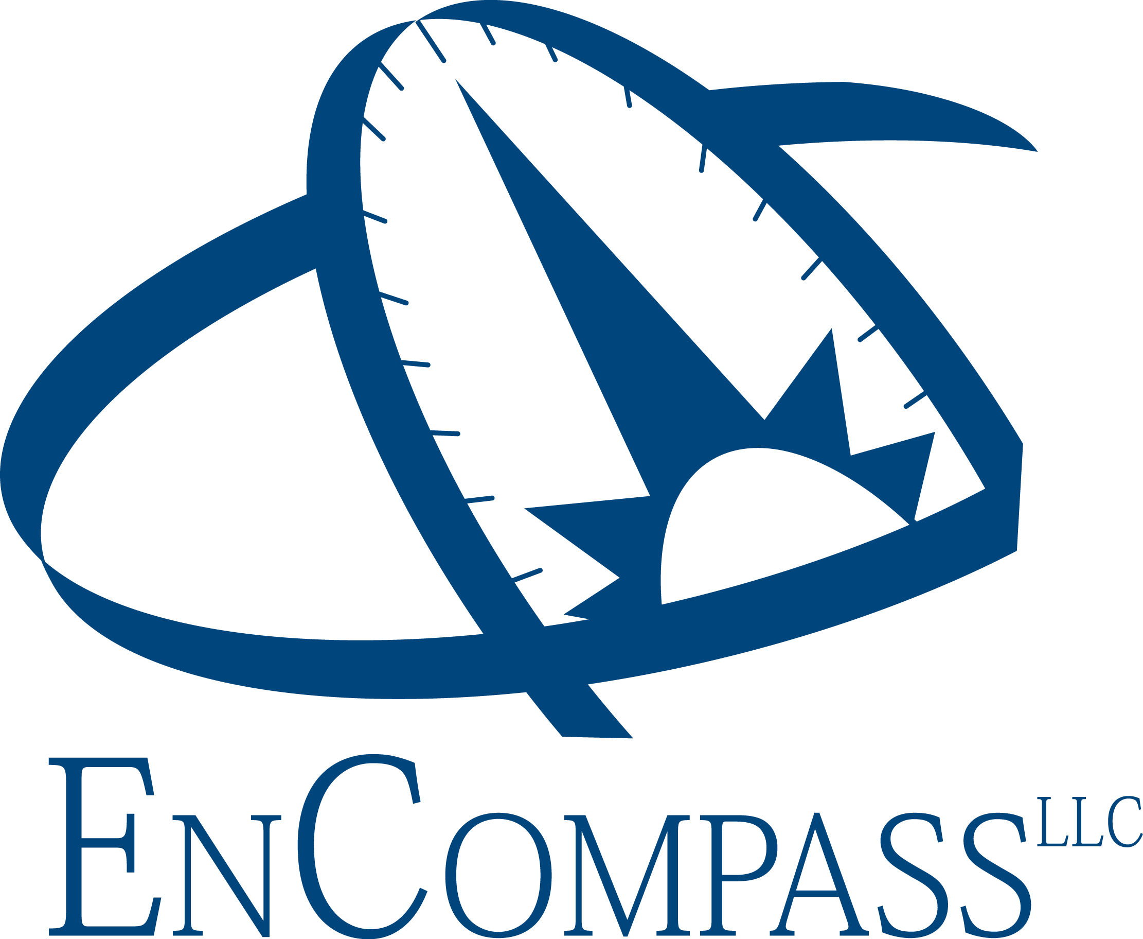 A logo for EnCompass LLC featuring a stylized compass with a half sun symbol in the center, with the company name written below.