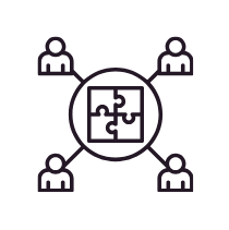 A central puzzle piece icon surrounded by four human icons connected with lines, representing teamwork or collaboration.