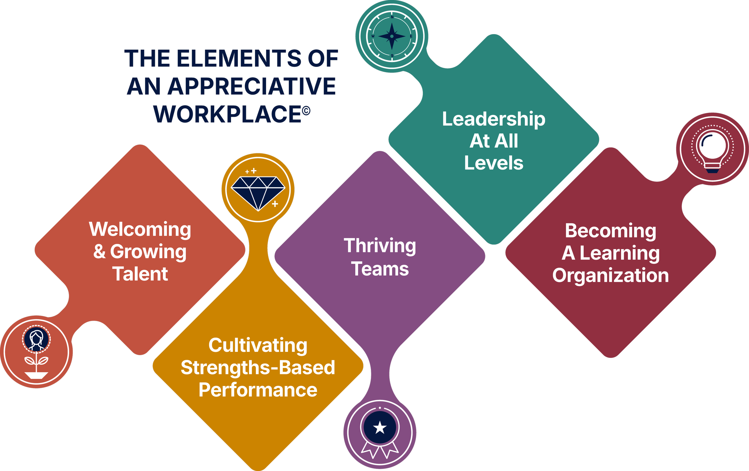 Diagram titled 'The Elements of an Appreciative Workplace' showing colored diamond shapes with text: 'Welcoming & Growing Talent', 'Cultivating Strengths-Based Performance', 'Thriving Teams', 'Leadership At All Levels', and 'Becoming A Learning Organization'. Icons include a woman with a plant, a diamond, a star, and a light bulb.