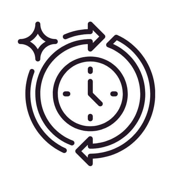 Icon of a clock surrounded by circular arrows and a sparkle, representing time management or time tracking.