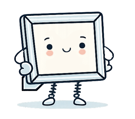 Cute cartoon character resembling a framed mirror with a smiling face, arms, and legs.