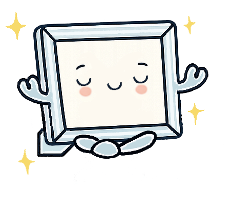 Cute cartoon character resembling a picture frame with closed eyes, smiling face, and hands in a meditative pose.
