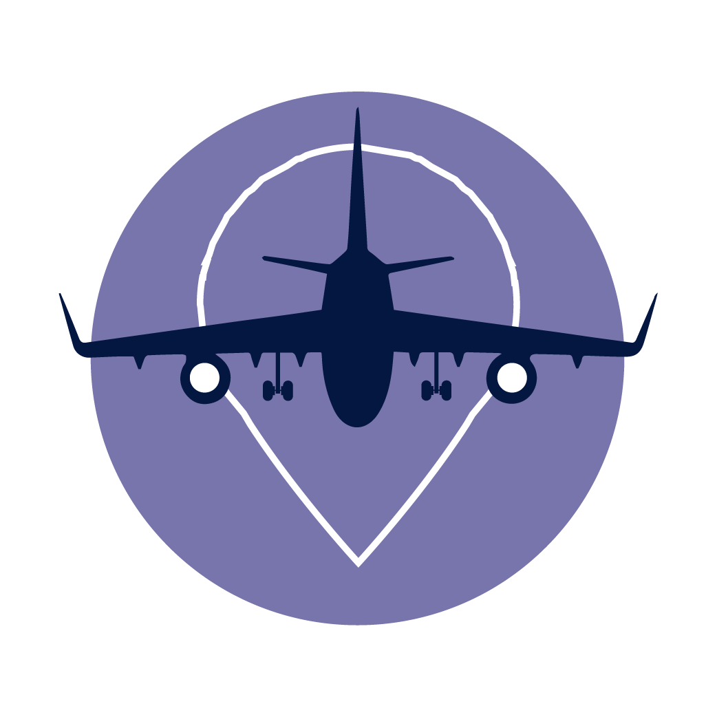 Silhouette of an airplane appearing to approach landing, depicted with a circular purple background and a white outline.