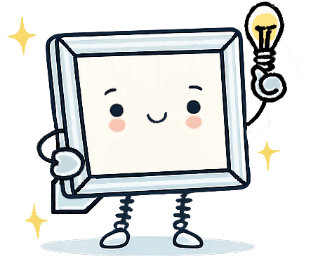 Cute cartoon character resembling a picture frame with a smiling face, arms, and legs holding a lightbulb.