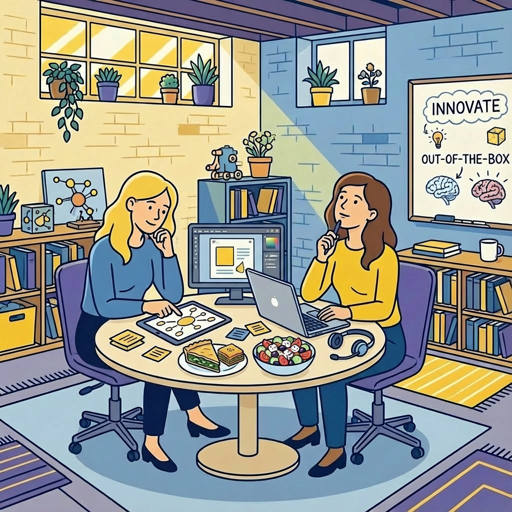 Two women working in a creative office space, discussing ideas at a round table with laptop, computer, snacks, and plants, with a whiteboard displaying 'INNOVATE' and 'OUT-OF-THE-BOX'.