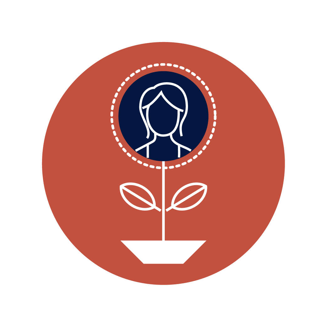 A graphic of a person’s head and shoulders with a plant stem growing from a pot below, and leaves on the stem, symbolizing growth or nurturing.