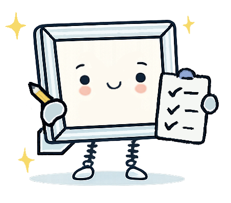 Cute cartoon character resembling a picture frame holding a pencil and checklists.