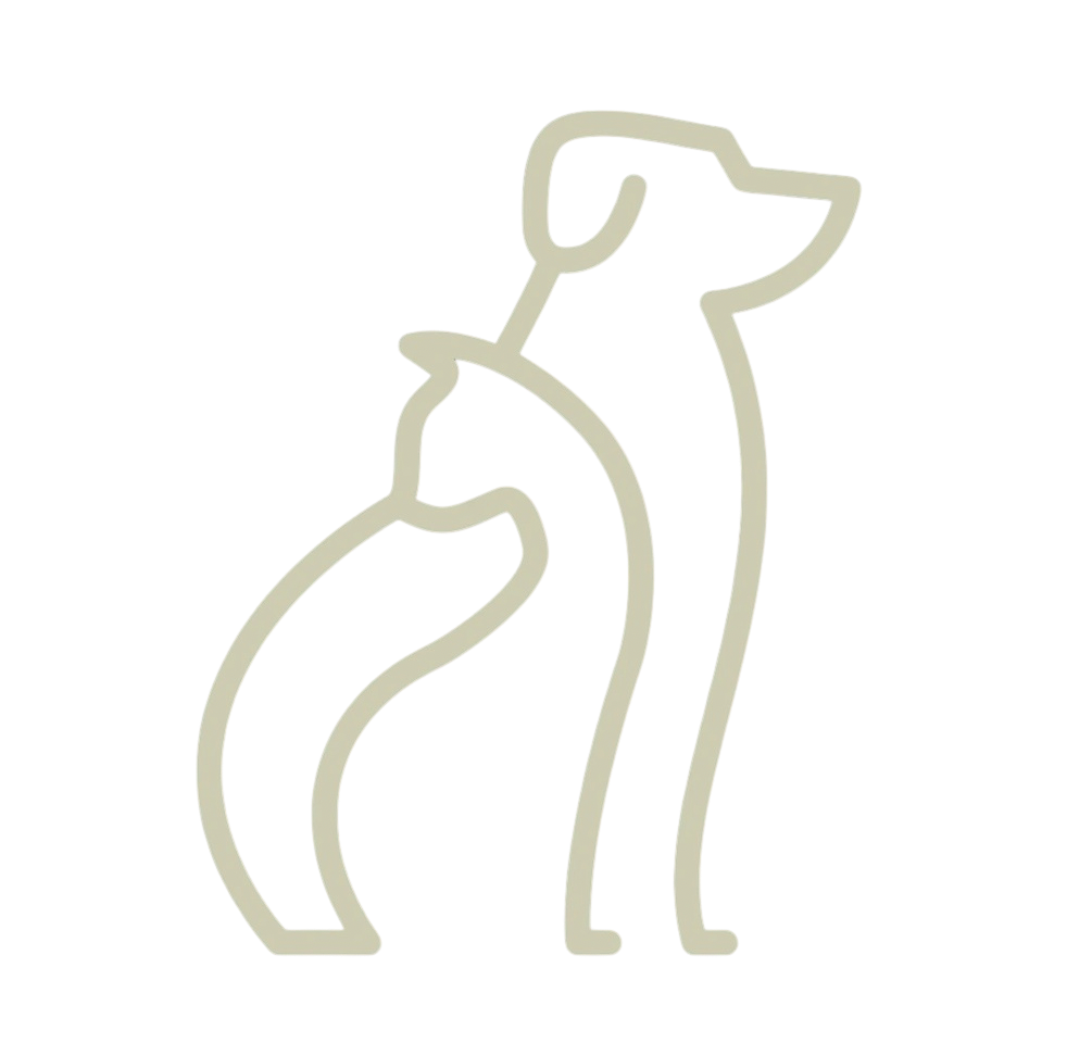 Neon sign outline of a dog with a smaller dog or puppy inside its body outline, set against a black background.