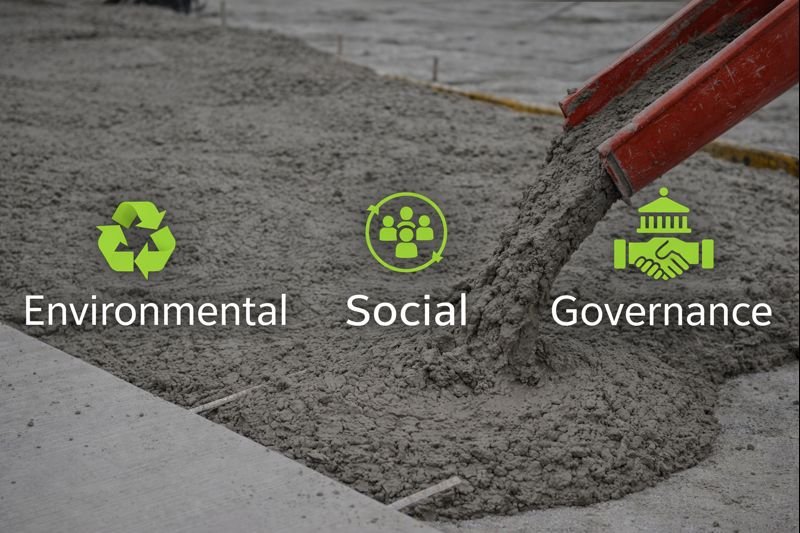Icons representing Environmental, Social, and Governance (ESG) on a construction site with concrete being poured.