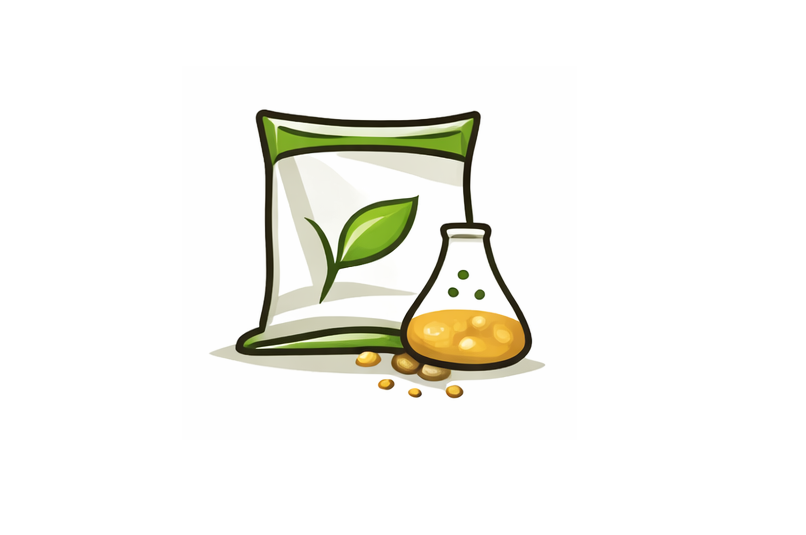A bag with a green leaf symbol and a laboratory flask with yellow liquid and scattered grains.